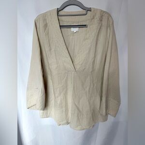 Anthropologie Sundays Gauze Blouse Oversized 100% Cotton V-neck Beige Sz 2 or L